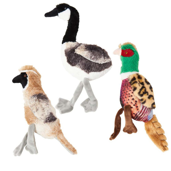 Three Spot Bird Calls Plush Dog Toy Assorted 12 in are standing on a white background.