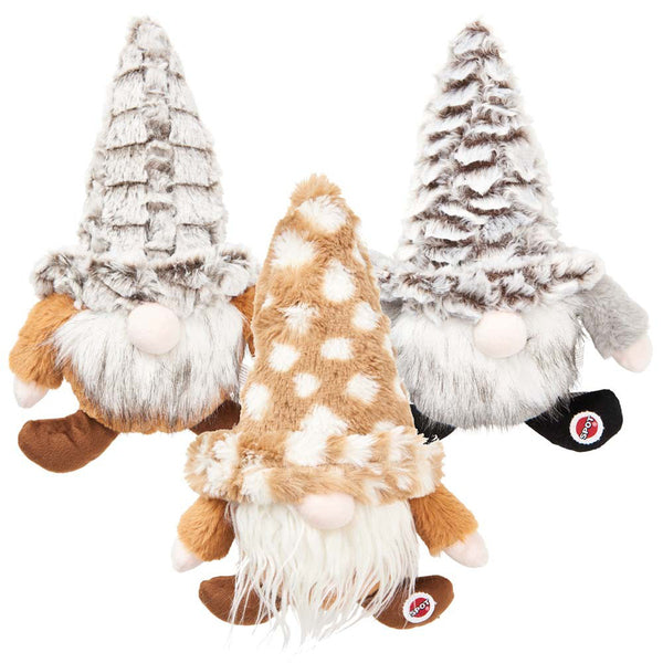 Three Spot Woodsy Gnomes Dog Toy Assorted 12 in with fur on their heads.