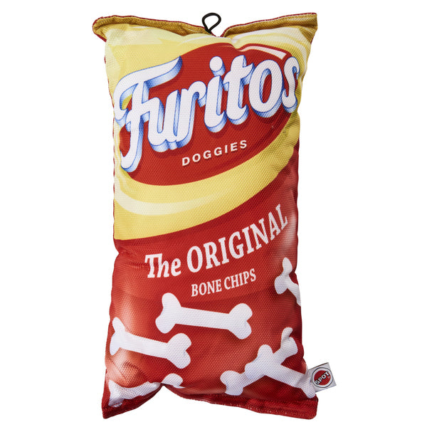 A bag of Spot Fun Food Furitos Chips Dog Toy Red 14in on a white background.
