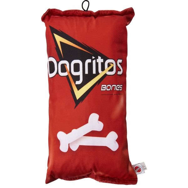 A Spot Fun Food Dogritos Chips Dog Toy Red 14in bag with doggies bones on it.
