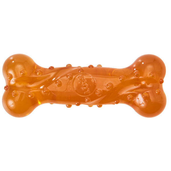 A Spot Play Strong Scent-Sation Bone Dog Toy Orange 6in with an orange color.