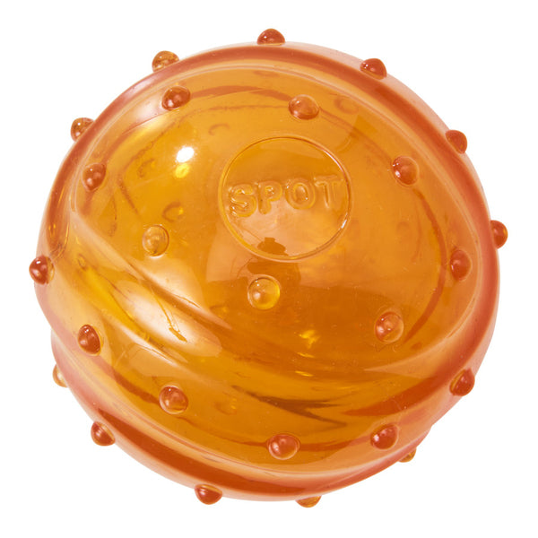 A Spot Play Strong Scent-Sation Ball Dog Toy Orange 3.25in with holes on it.