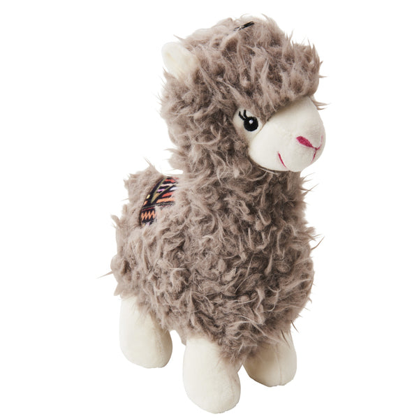 A Spot Yo Llama Plush Dog Toy Assorted 10in is standing on a white background.