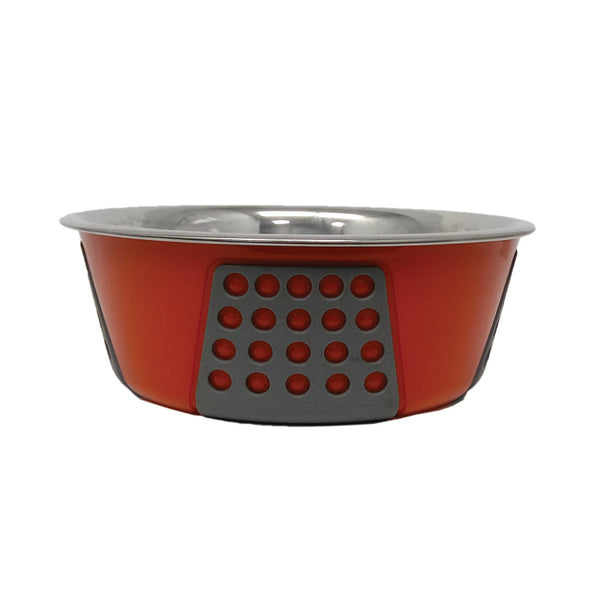 A modern design Spot Tribeca Dog Bowl Red 55 Ounces in red and black with non-skid wraparound rubber grip and holes on it.