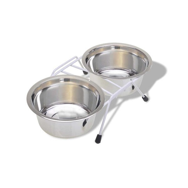 Two Van Ness Plastics Stainless Steel Double Bowls in Wire Rack Silver 32 oz on a white background featuring the finest quality stainless steel for durability.