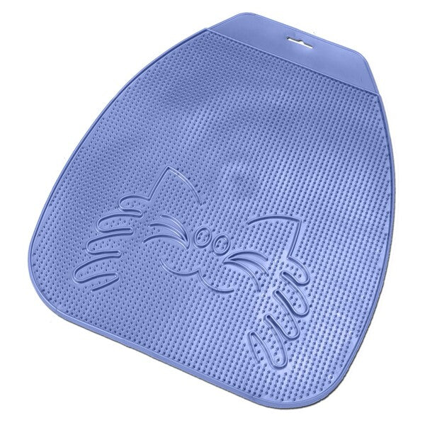 A Van Ness Plastics Trackless Cat Litter Mat Blue with a cat on it, trapped in paws.