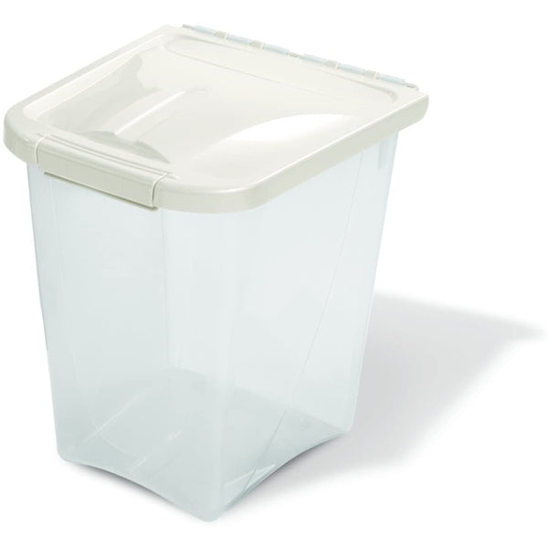 A Van Ness Plastics Pet Food Container White, Clear 10 Pounds with a fresh-tite seal on a white background, designed for dog owners to store & dispense pet food.