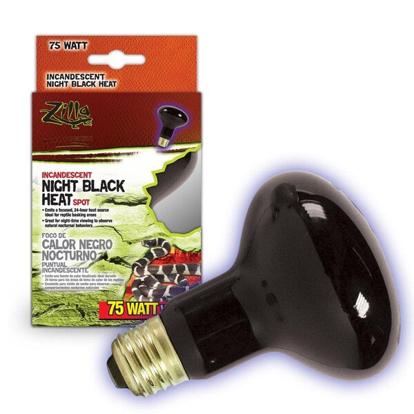 A Zilla Incandescent Spot Bulbs Night Black 75 Watts light bulb in a package.