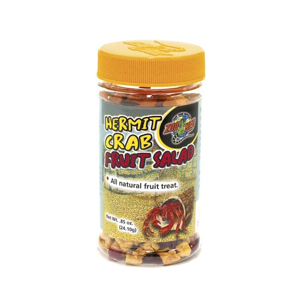 A jar of Zoo Med Hermit Crab Fruit Salad Treat 0.85 oz featuring dried apples and dried cranberries on a white background.