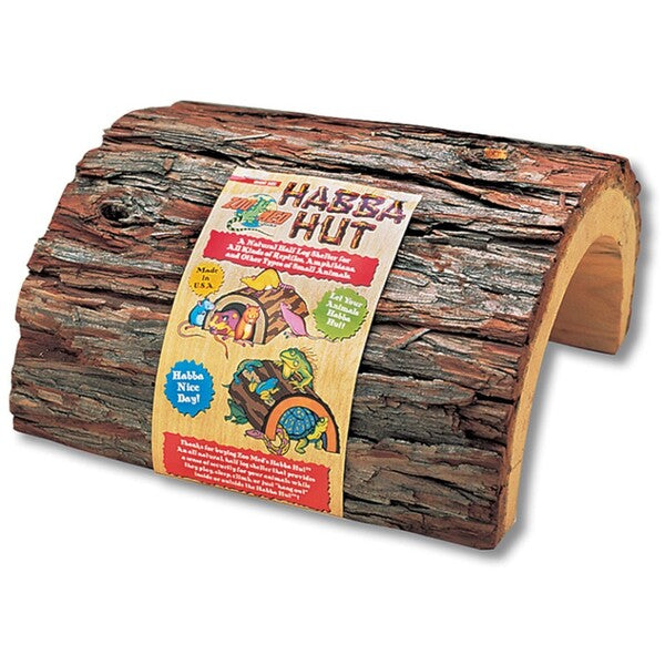 A Zoo Med Habba Hut Terrarium Hideaway Brown Small with a picture of a hamster on it.