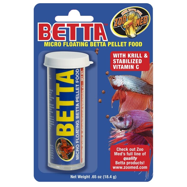 Zoo Med Micro Floating Betta Pellet Canister Fish Food 0.65 oz in a package.