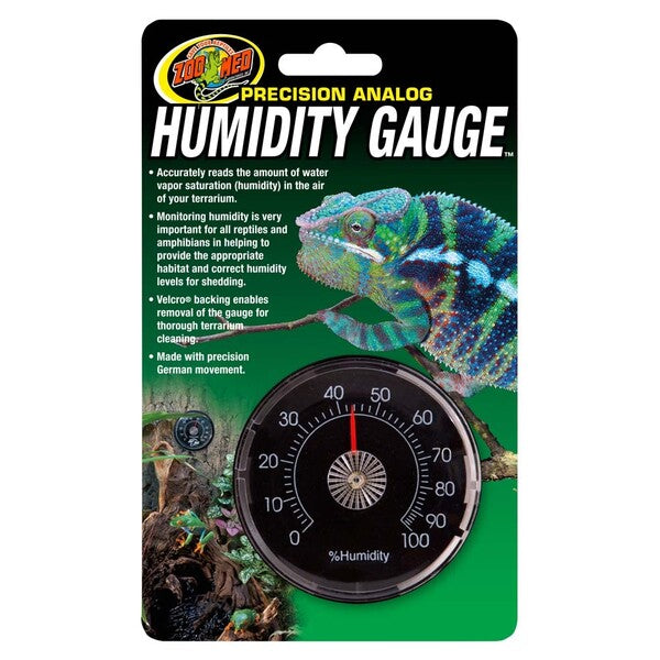 Zoo Med Precision Analog Humidity Gauge with a chameleon.