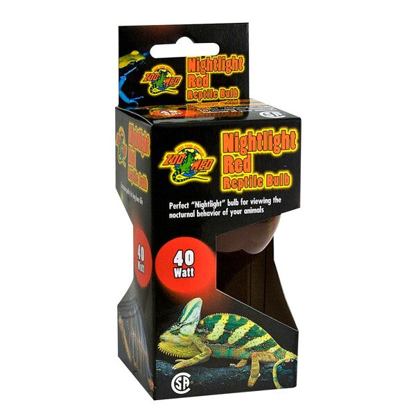 A Zoo Med Nightlight Red Reptile Bulb Red 40 Watt in a packaging with a lizard on it.