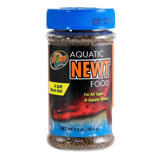 A jar of Zoo Med Aquatic Newt Dry Food 2 oz on a white background.