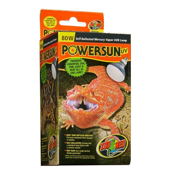 A package of Zoo Med PowerSun UV Self-Ballasted Mercury Vapor Lamp Silver 80 Watt for a lizard to provide UVB and UVA light.