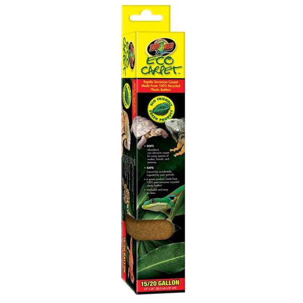 A package of Zoo Med Eco Carpet Reptile Terrarium Carpet Tan 15/20 Gallon, 12 Inches X 24 Inches in a box.
