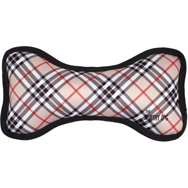 A WORTHY D BN TAN PLD SM shaped pillow with a plaid pattern.
