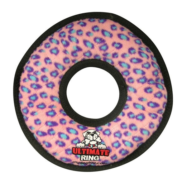 A pink and blue Tuffy Ultimate Ring Dog Toy 11 in leopard print doggy ring.