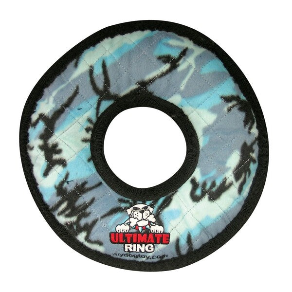 A durable blue camouflage Tuffy Ultimate Ring Dog Toy 11 in with a black handle.