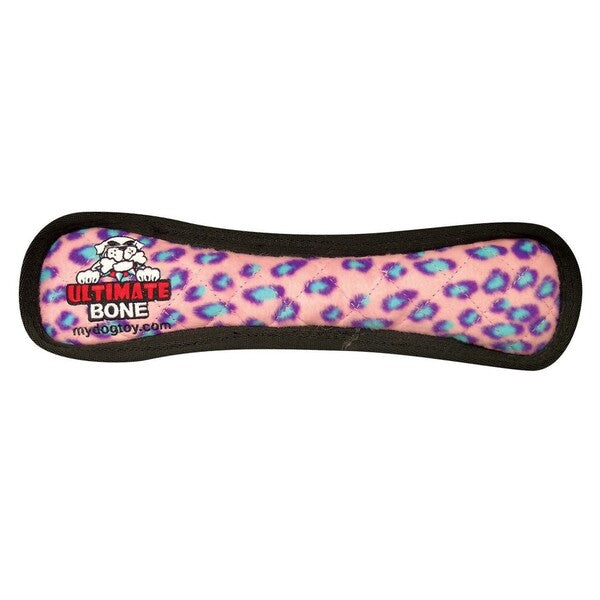 A Tuffy Ultimate Bone Dog Toy 13 in in pink and blue with a black handle.