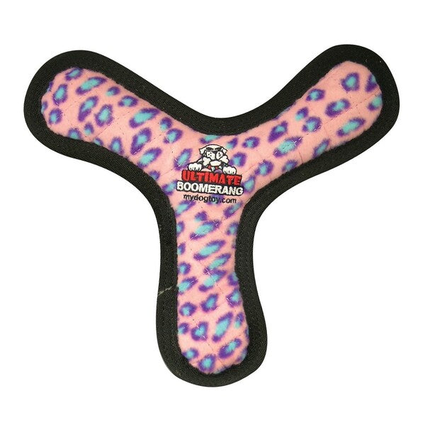 A Tuffy Ultimate Boomerang Dog Toy Pink 11 in with a pink leopard print and added durability.