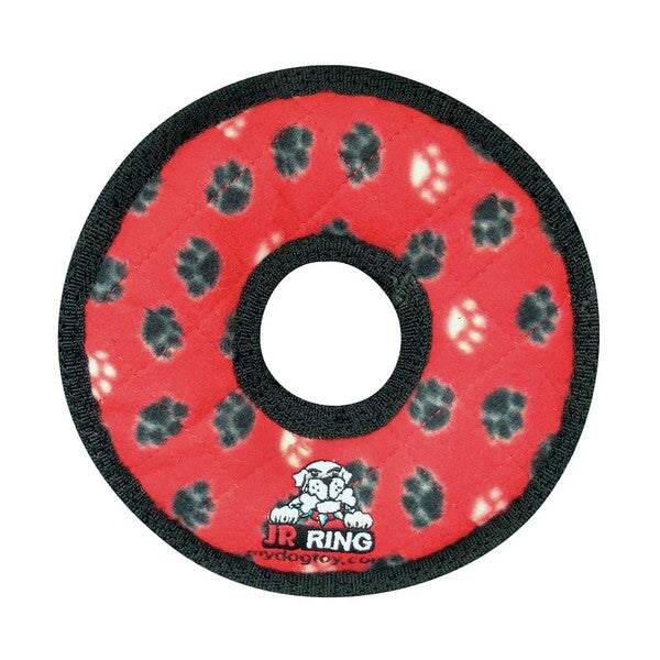 A durable Tuffy Jr. Ring Dog Toy Red 7 in with paw prints on it.