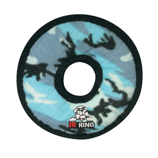 A Tuffy Jr. Ring Dog Toy 7 in with a black handle.