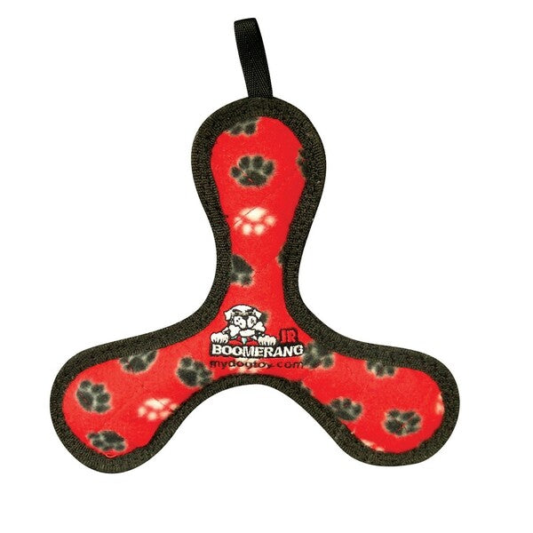 This Tuffy Junior Bowmerang Dog Toy Boomerang 8 in with paw prints on it features added durability and multiple layers of material.