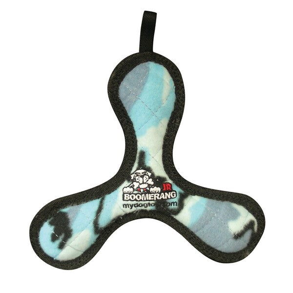 A Tuffy Junior Bowmerang Dog Toy Boomerang 8 in with a blue camouflage pattern.