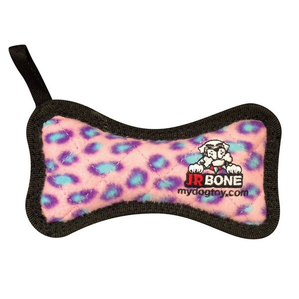 A soft and durable Tuffy Junior Bone Dog Toy 6.2 in in pink and blue colors.