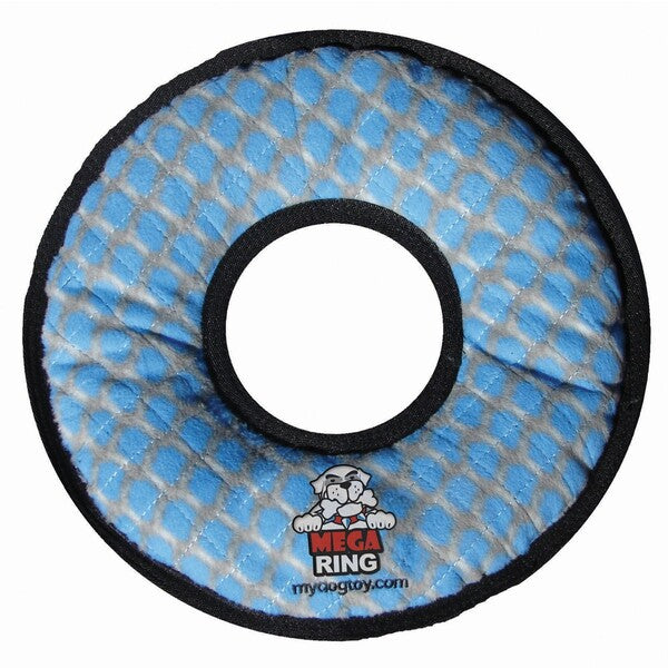 A durable Tuffy Mega Ring Extremely Dog Toy Blue 2 in x 13 in x 13 in with a soft dog toy on it.