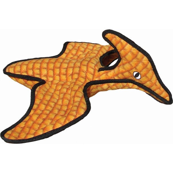 A Tuffy Dinosaur Series Dog Toy Pteradactyl Orange 23 in, durable and machine washable.