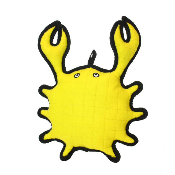 A Tuffy Ocean Creature Dog Toy Crab 13 in with black eyes hanging on a white background.