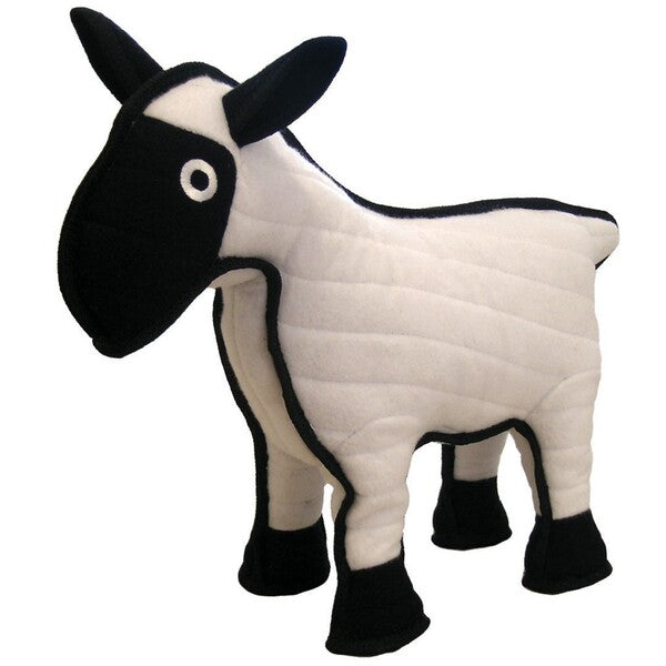 A soft and durable Tuffy Barn Yard Series Dog Toy Sheep Black, White stuffed toy on a white background.