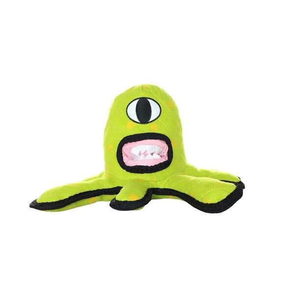A Tuffy Alien Durable Squeaky Dog Toy Green 12 in on a white background.