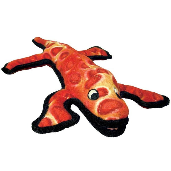 A Tuffy Desert Series Dog Toy Lizard Red 18 in with a pizza on it.