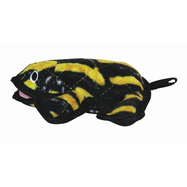 A Tuffy Desert Series Dog Toy Phrog Black & Yellow Frog 8.2 in laying on a white background.