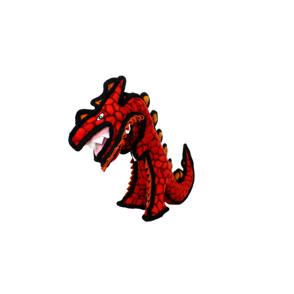 A durable Tuffy Dinosaur Destructosaurus Dog Toy Red 6 in x 16 in x 16 in, in the shape of a red dragon, with a black mouth on a white background.