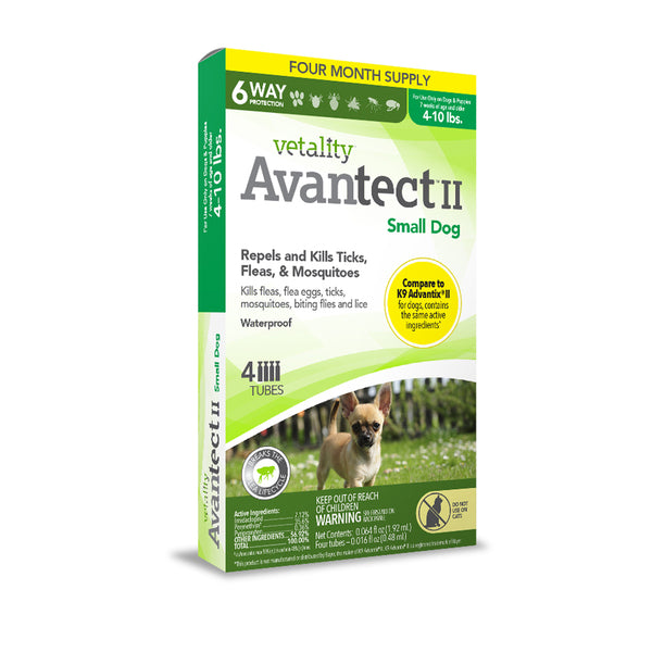 A box of Vetality Avantect II Flea & Tick For Dogs 0.064 fl. oz 4 Count seed dog food.