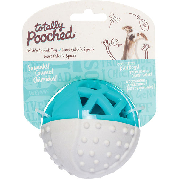 A dog toy with a TTLY D CTCH SQK BALL GRY TEAL inside.