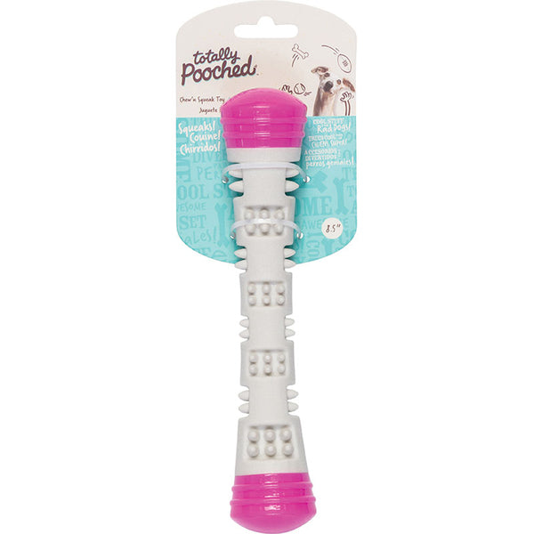 A white and pink TTLY D CHW SQK STK GRY PNK SM dog toy with a pink handle.