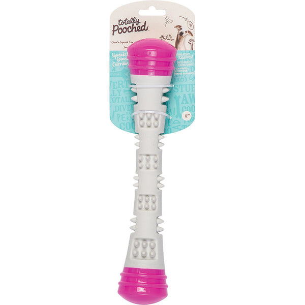 A pink and white TTLY D CHW SQK STK GRY PNK LG dog toy with a pink handle.