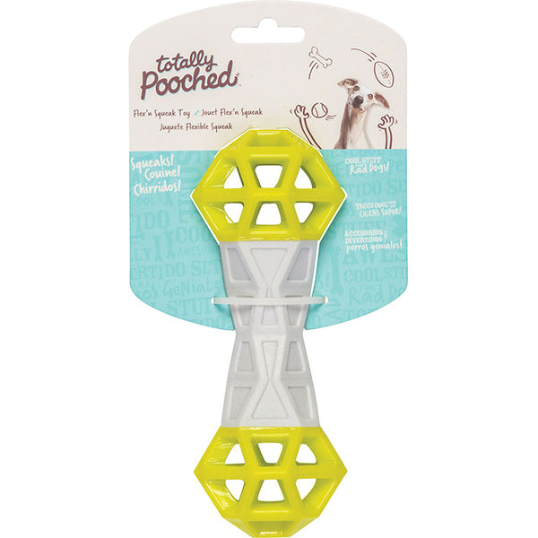 A yellow and white TTLY D FLEX SQK TOY GRY GRN in a package.