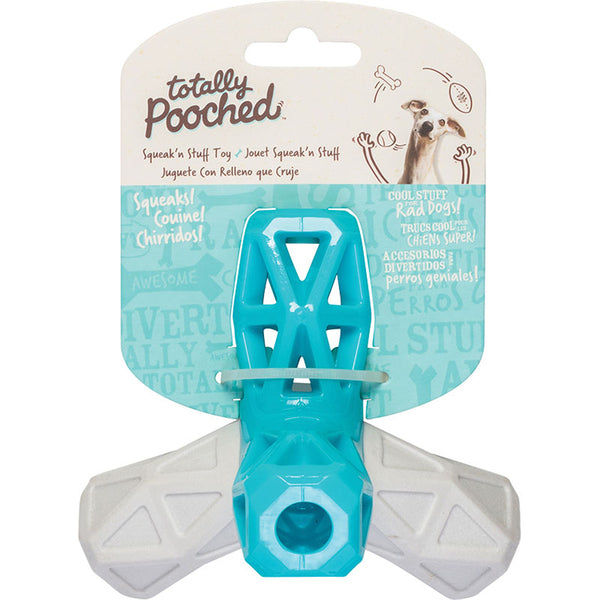 A blue and white TTLY D SQK STUFF GRY TEAL dog toy in a package.