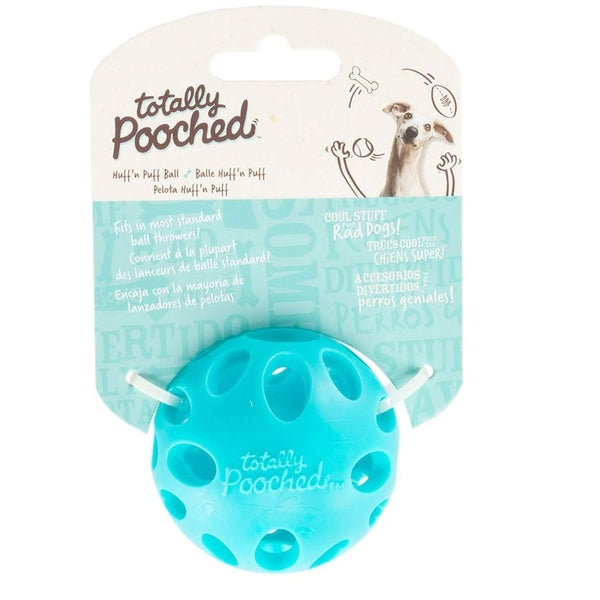 A TTLY D HUFF N PUFF BALL TEAL dog toy with holes in it.