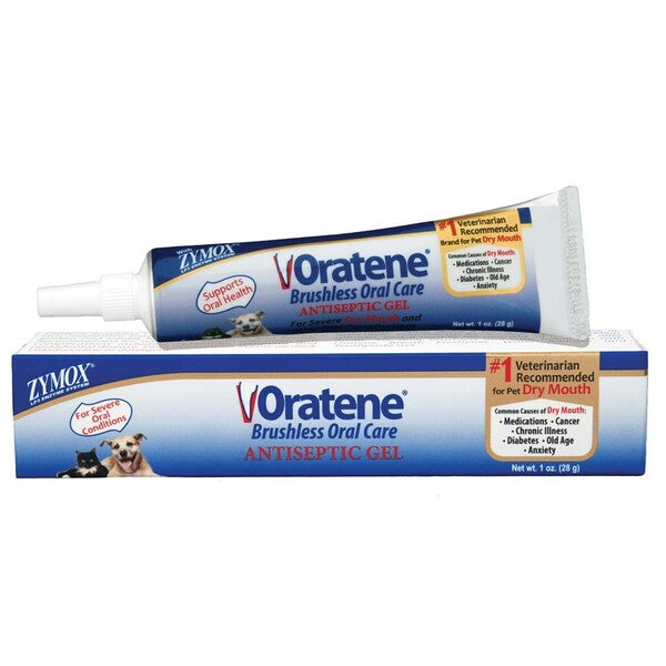 A tube of Zymox Oratene Antiseptic Oral Gel for Dogs 1 oz for dogs and cats.