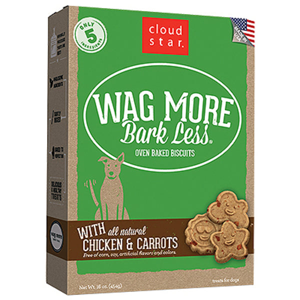 Cloud star Wagmr D Crnchy Pb 16oz dog treats with chicken and carrots.