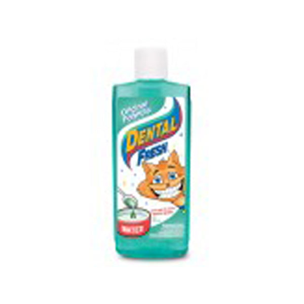 A bottle of Synergy Labs Dental Fresh for Cats 8 Fl. oz with a cat on it.