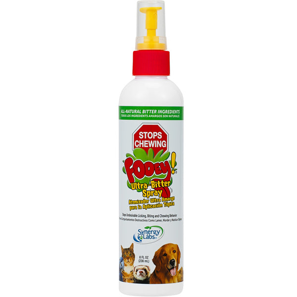 A bottle of Synergy Labs Ultra Bitter Spray for Dogs 8 fl. oz on a white background.