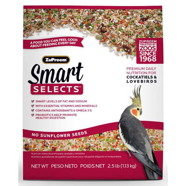 A bag of ZuPreem Smart Selects Bird Food for Cockatiels and Lovebirds 2.5 lb blend with a cockatiel on it.